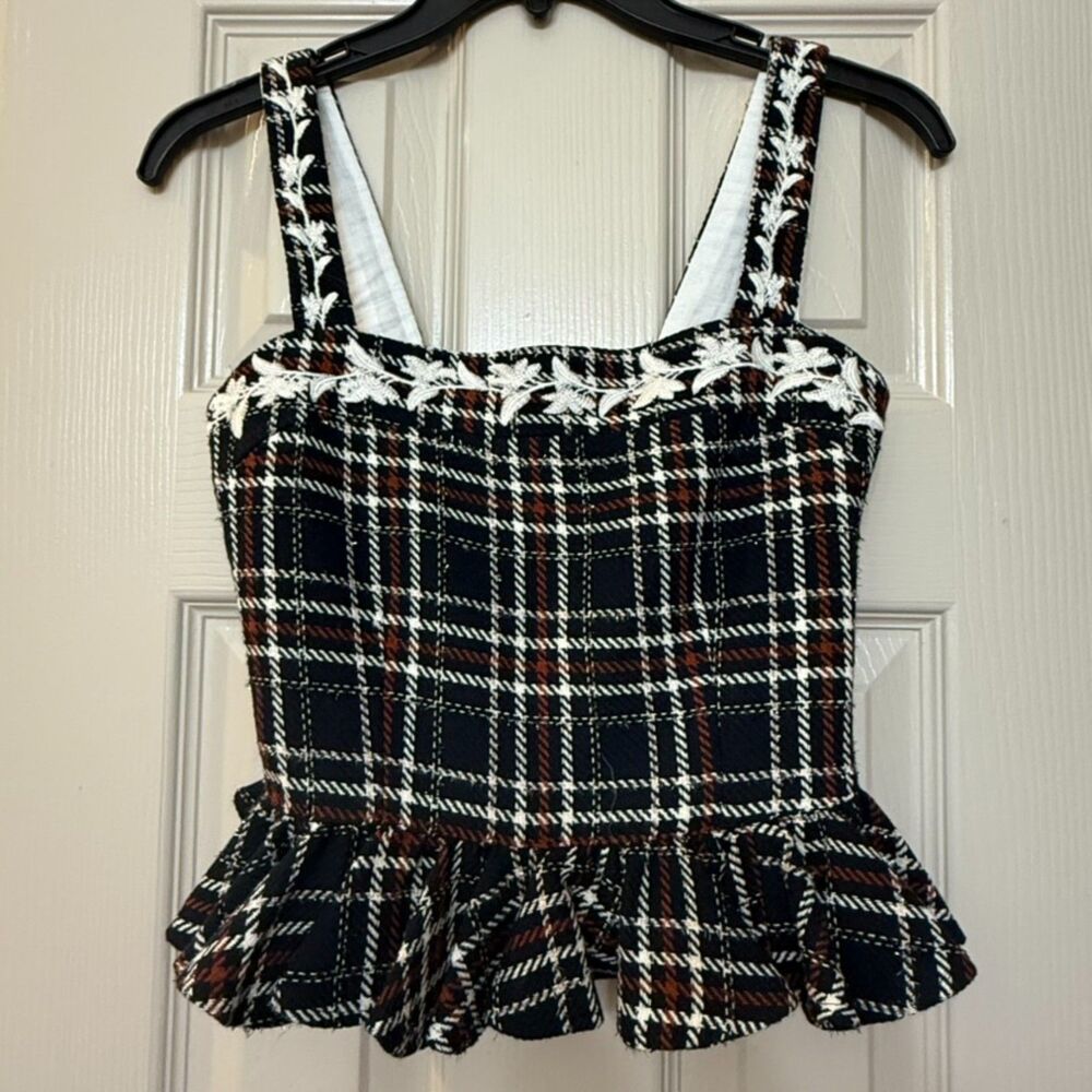 Fanm Mon Tweed Floral Embroidered Square Neckline Tank Strap Peplum - Small